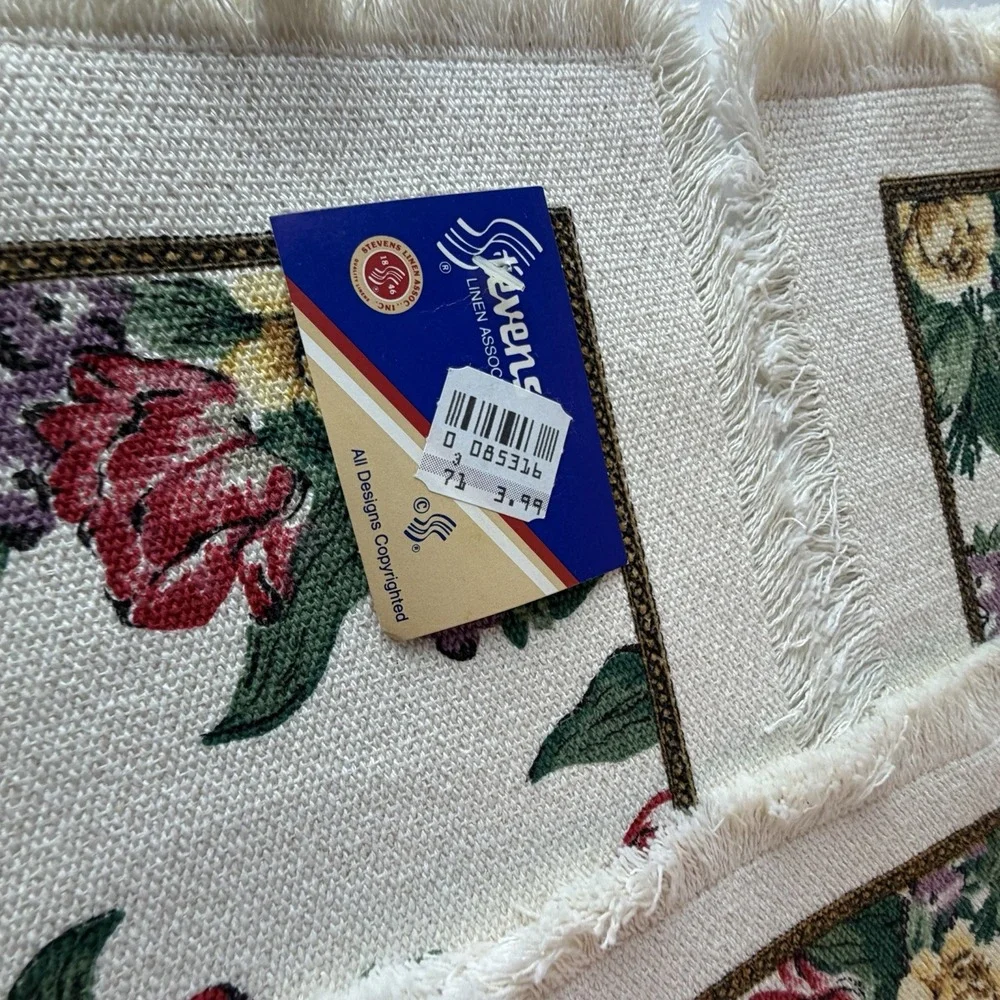 Vintage Stevens Linen Placemats Napkins Set 5, Floral Cottagecore Fringed USA